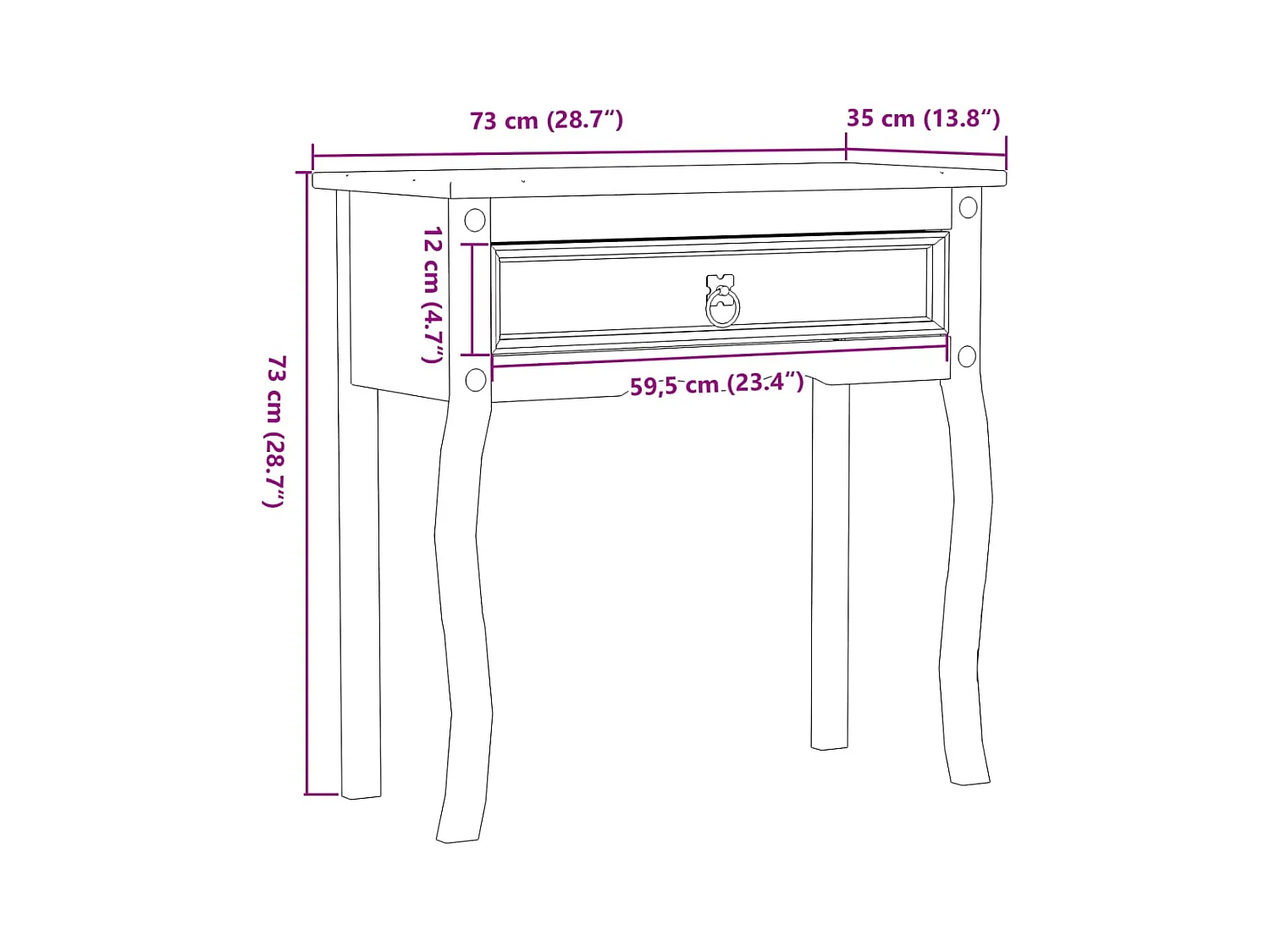 Table console Corona 73x35x73 cm bois de pin massif
