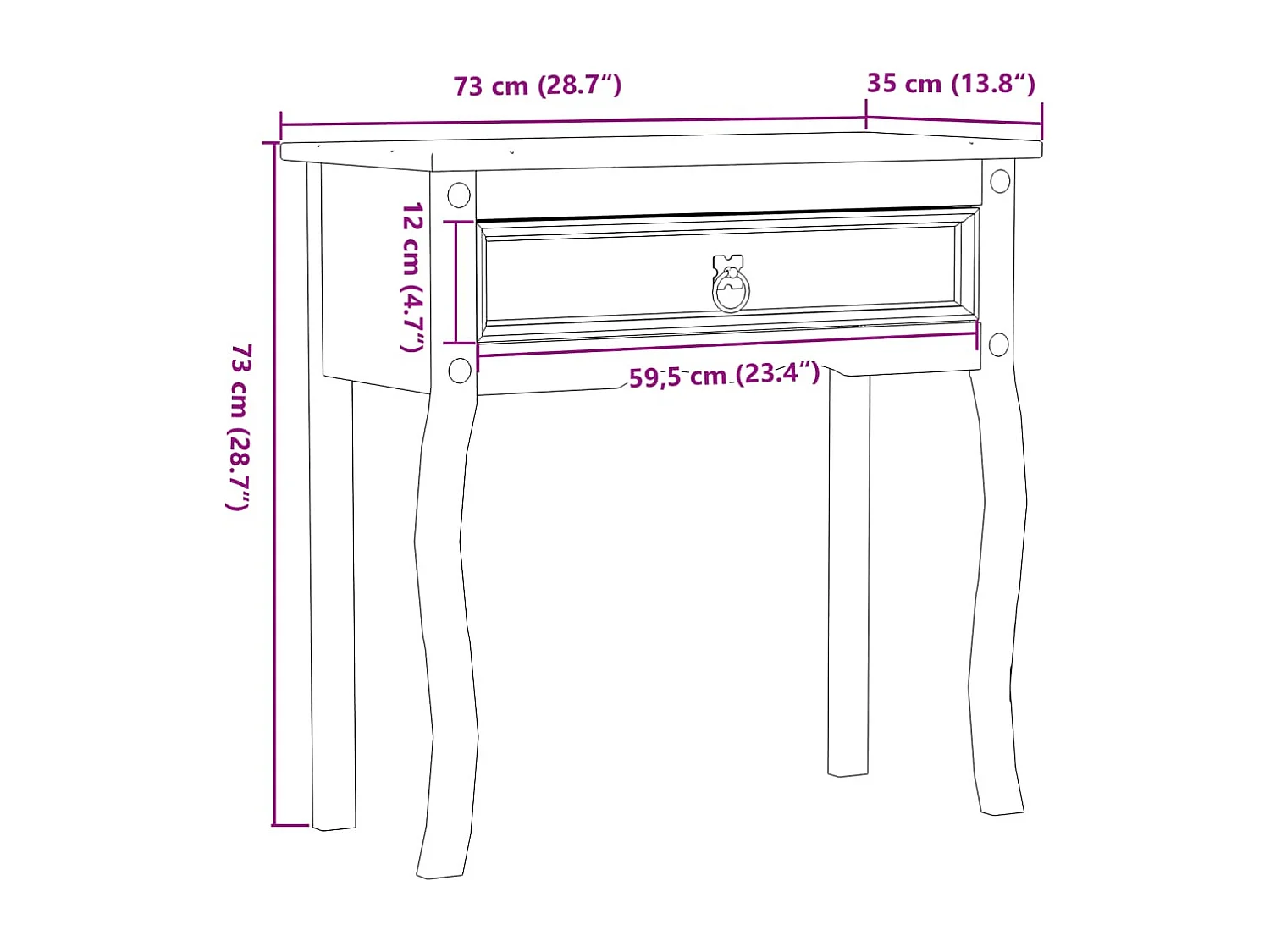 Table console Corona 73x35x73 cm bois de pin massif