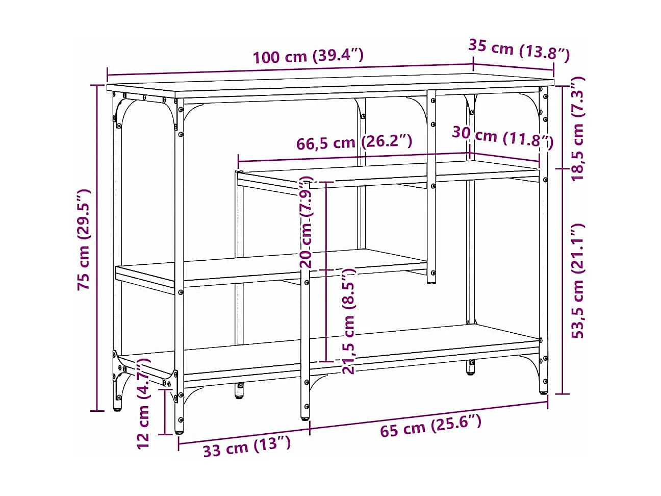 Mesa de Console carvalho artisiano 100 x 35 x 75 cm