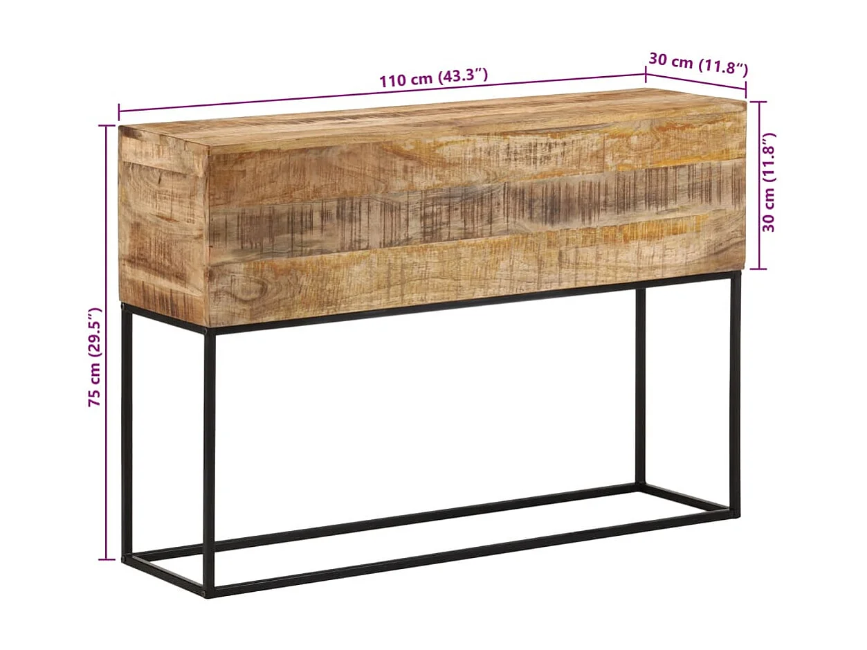 Table console 110x30x75 cm bois de manguier massif brut et fer