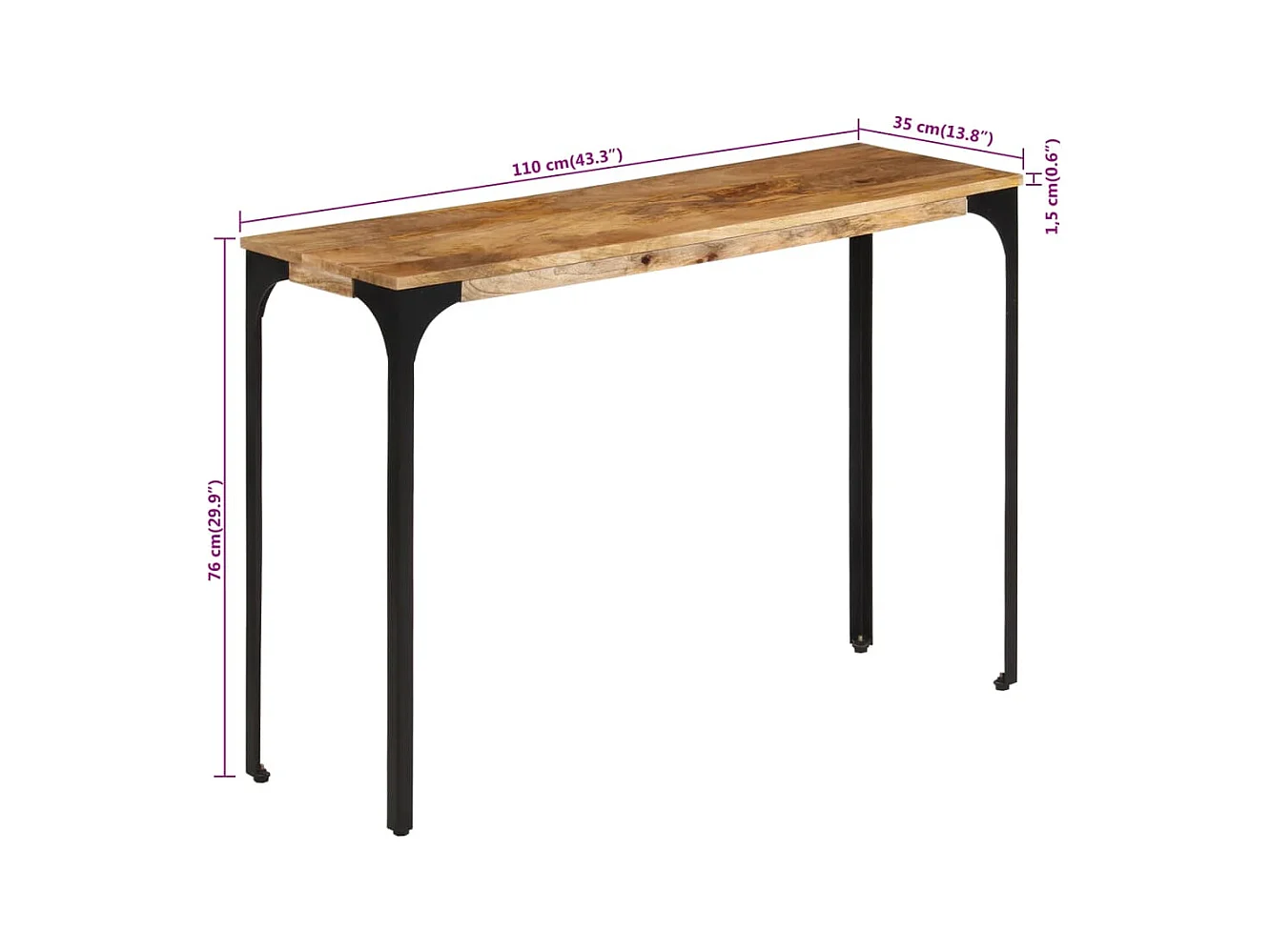 Mesa consola madera maciza de mango y hierro 110x35x76 cm