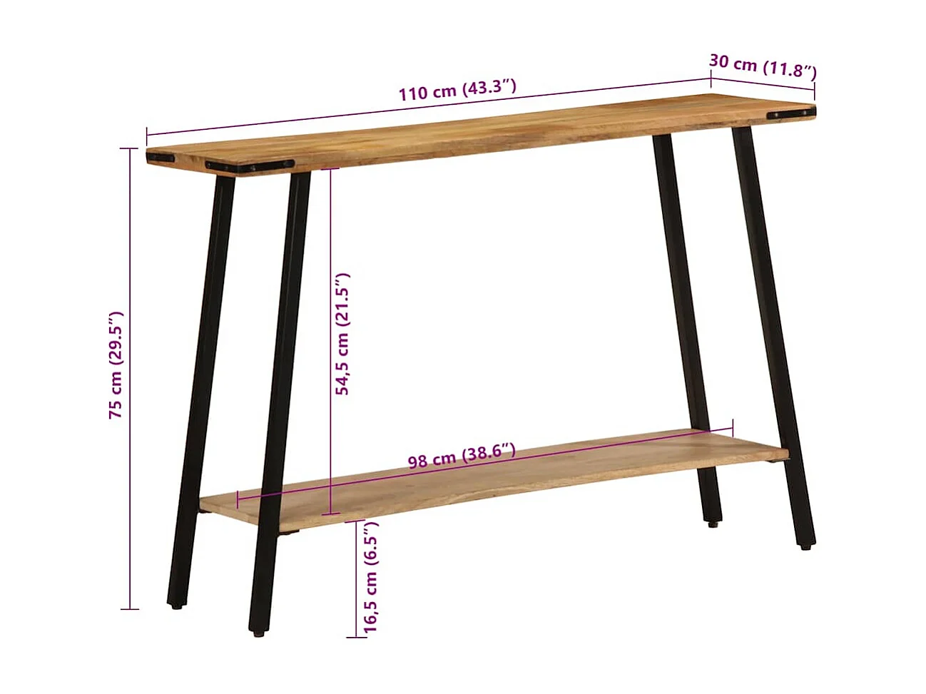 Mesa consola de madera maciza de mango 110x30x75 cm
