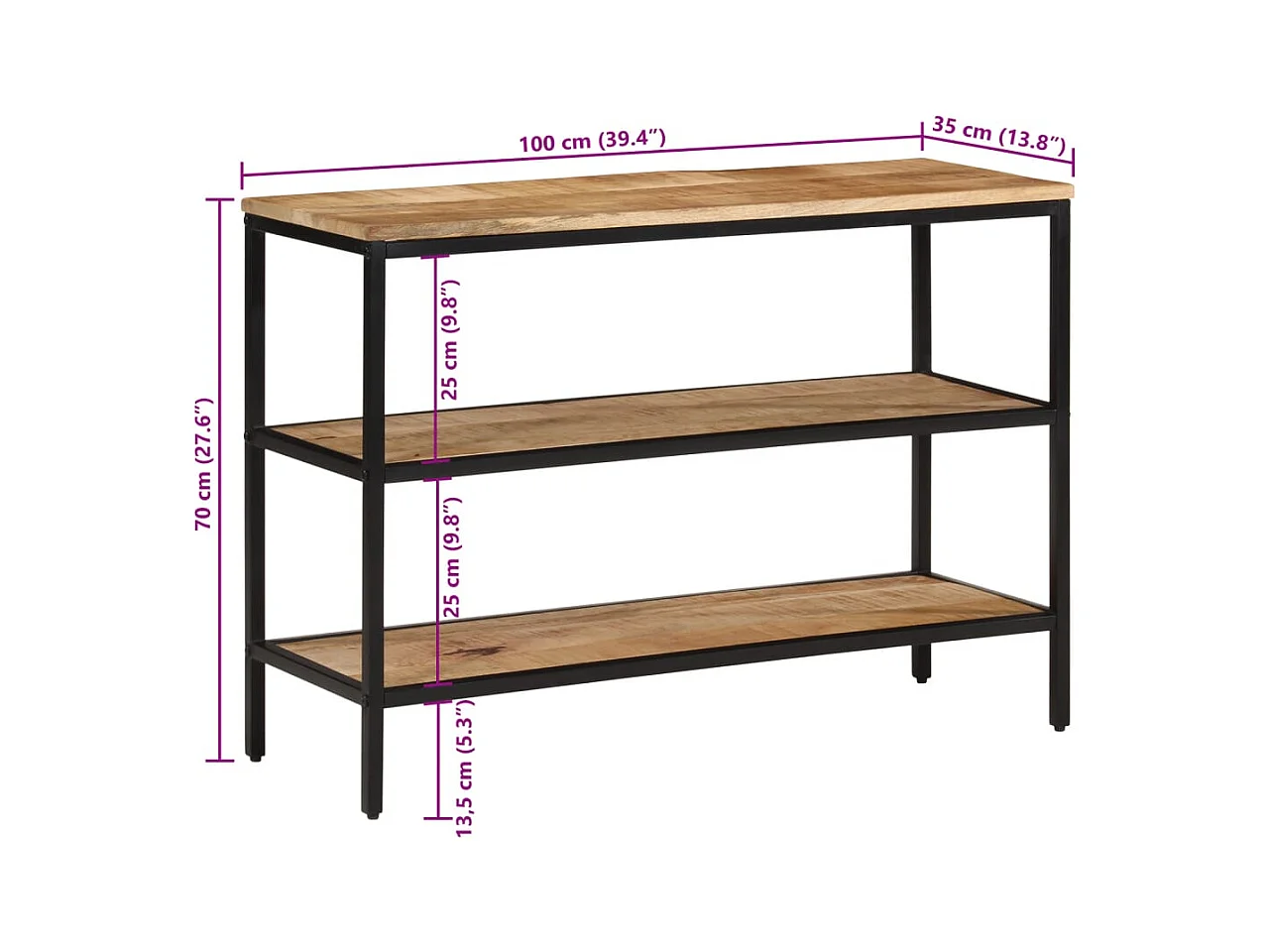 Mesa consola madera maciza de mango rugosa 100x35x70 cm