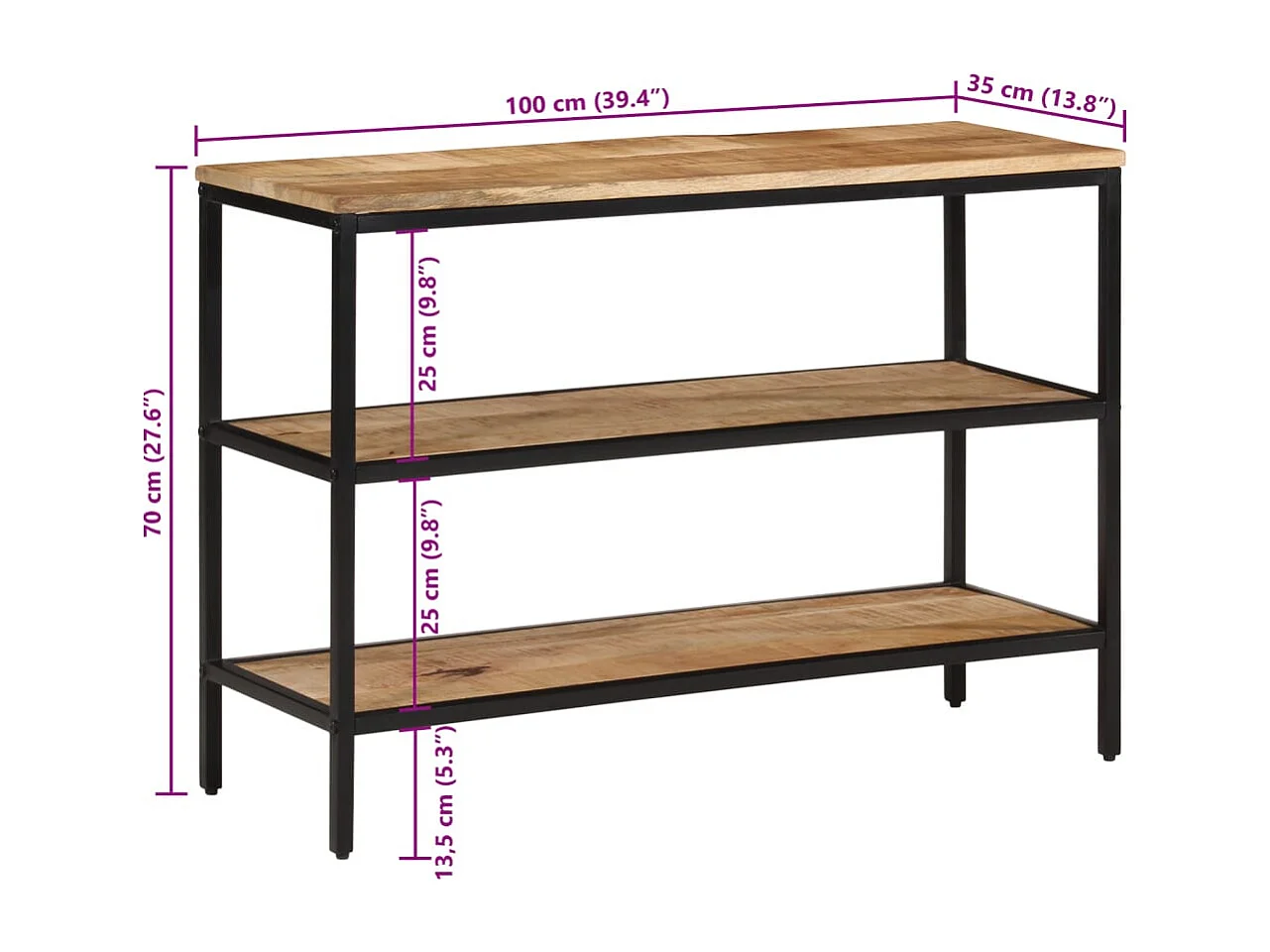 Mesa consola madera maciza de mango rugosa 100x35x70 cm