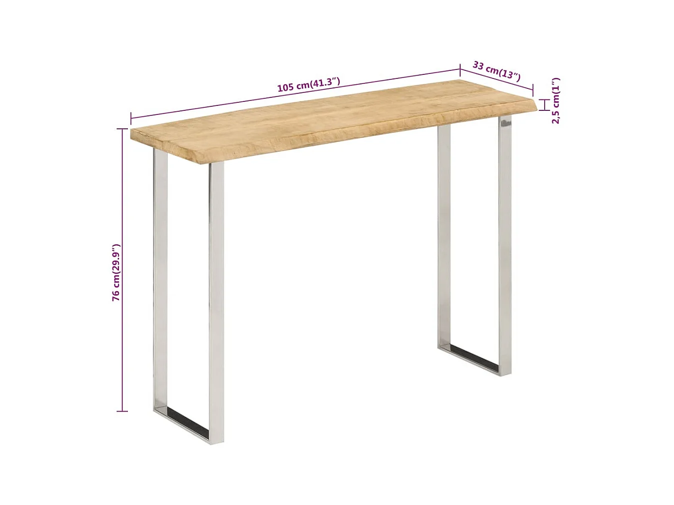 Mesa consola con borde natural madera mango maciza 105x33x76 cm
