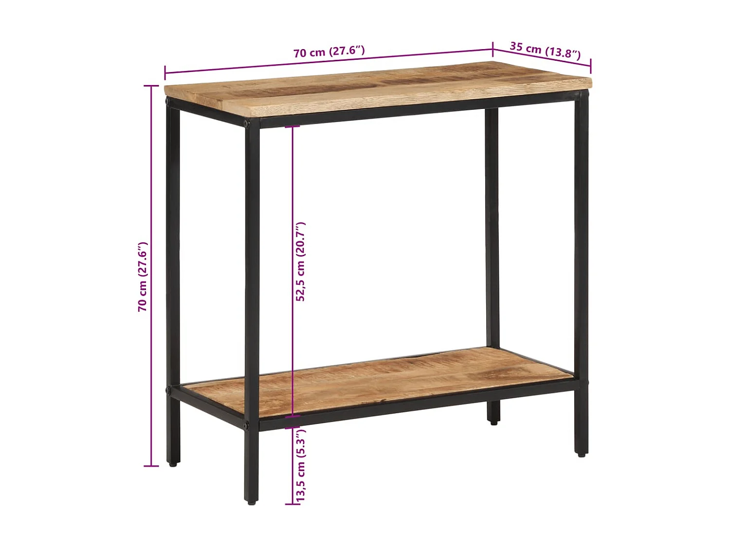 Mesa consola madera maciza de mango rugosa 70x35x70 cm