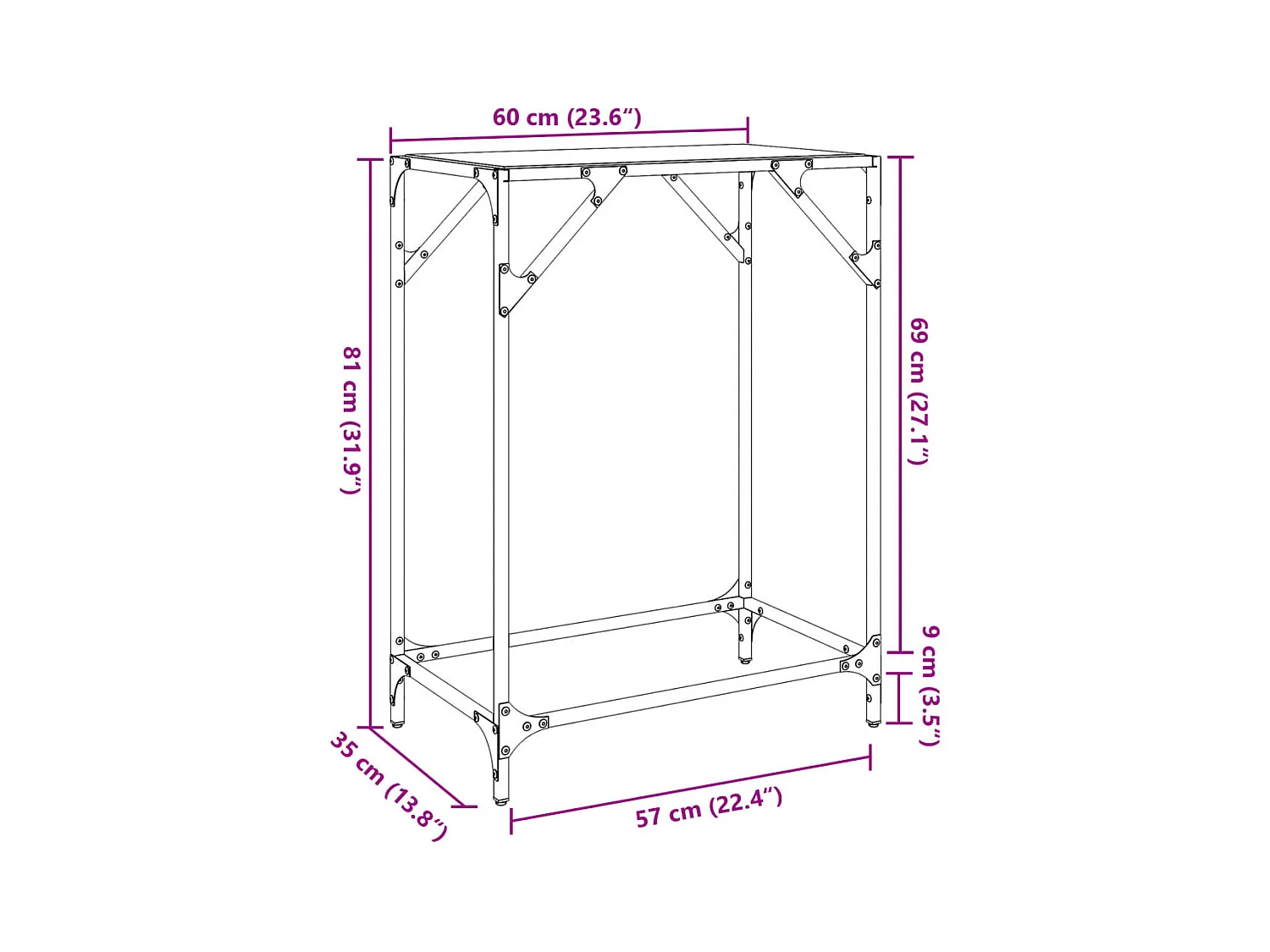 Table console avec dessus en verre transparent 60x35x81cm acier