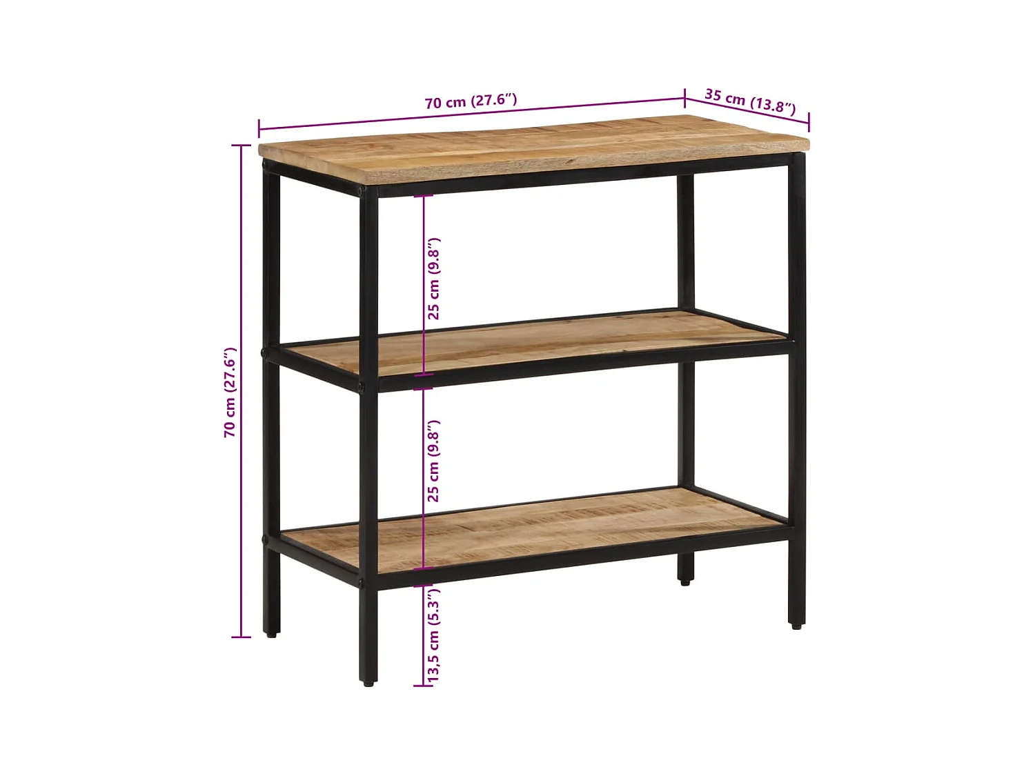 Mesa consola madera maciza de mango rugosa 70x35x70 cm