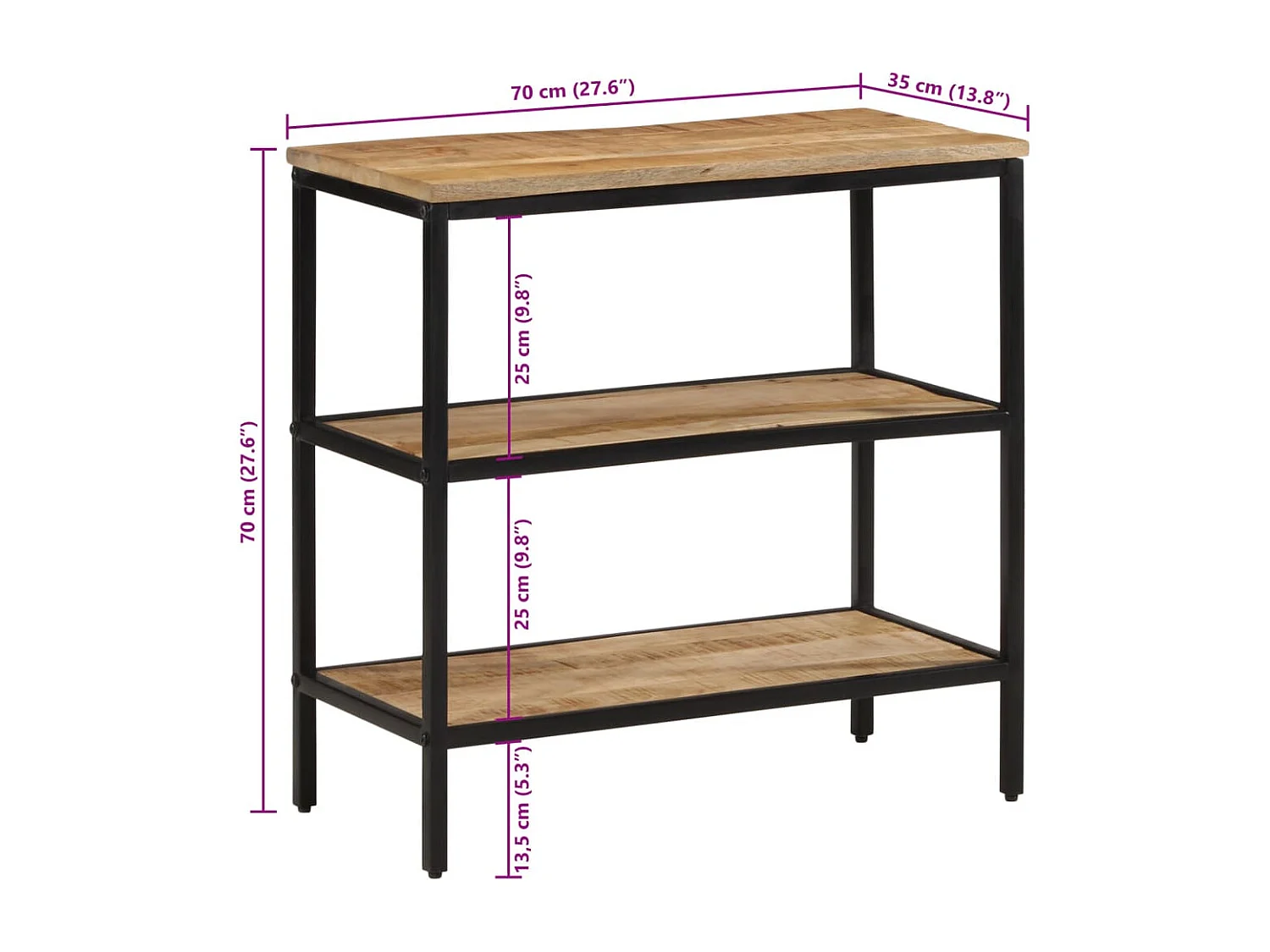 Mesa consola madera maciza de mango rugosa 70x35x70 cm