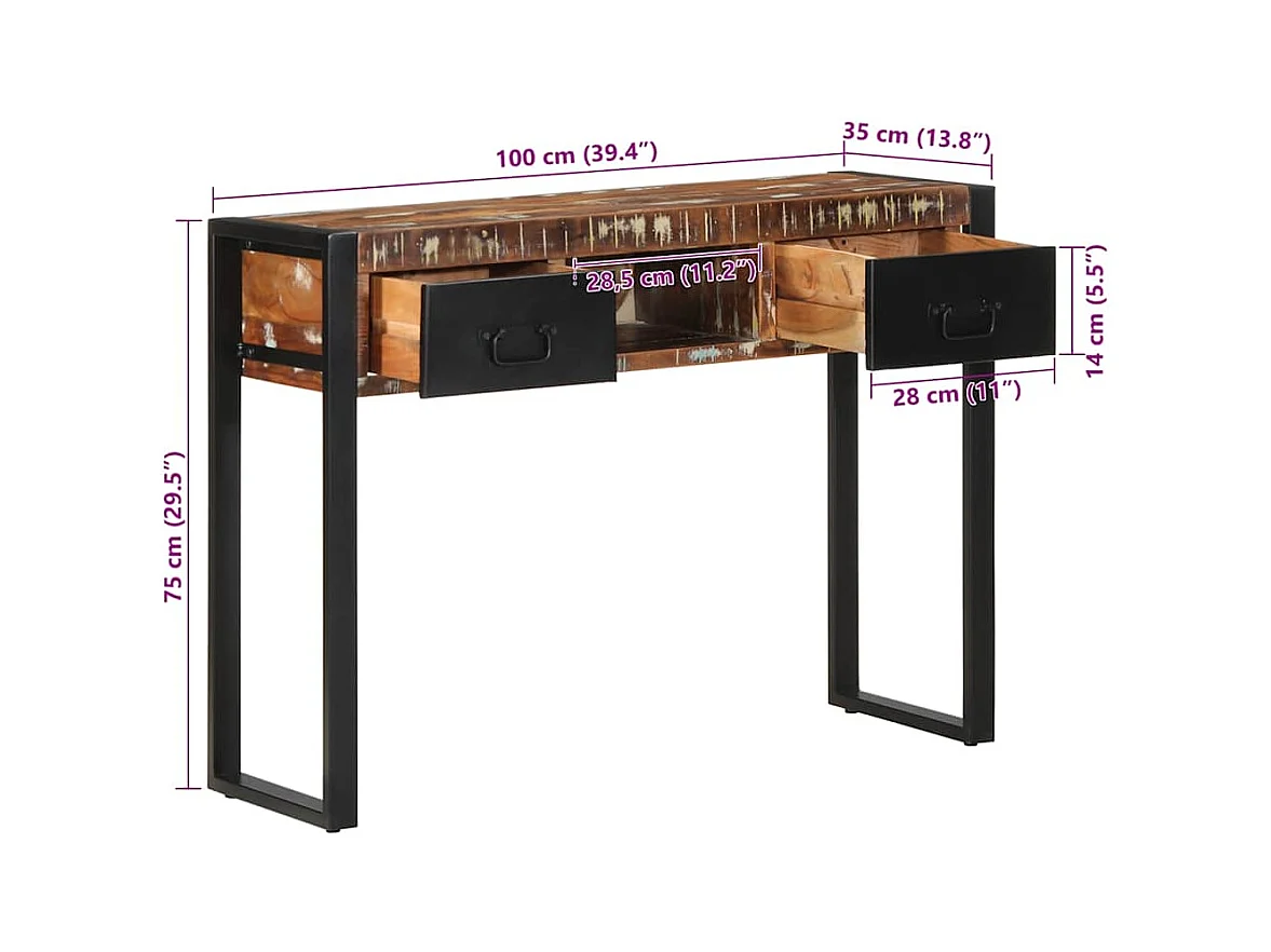 Table console multicolore 100x35x75 cm bois massif récupération