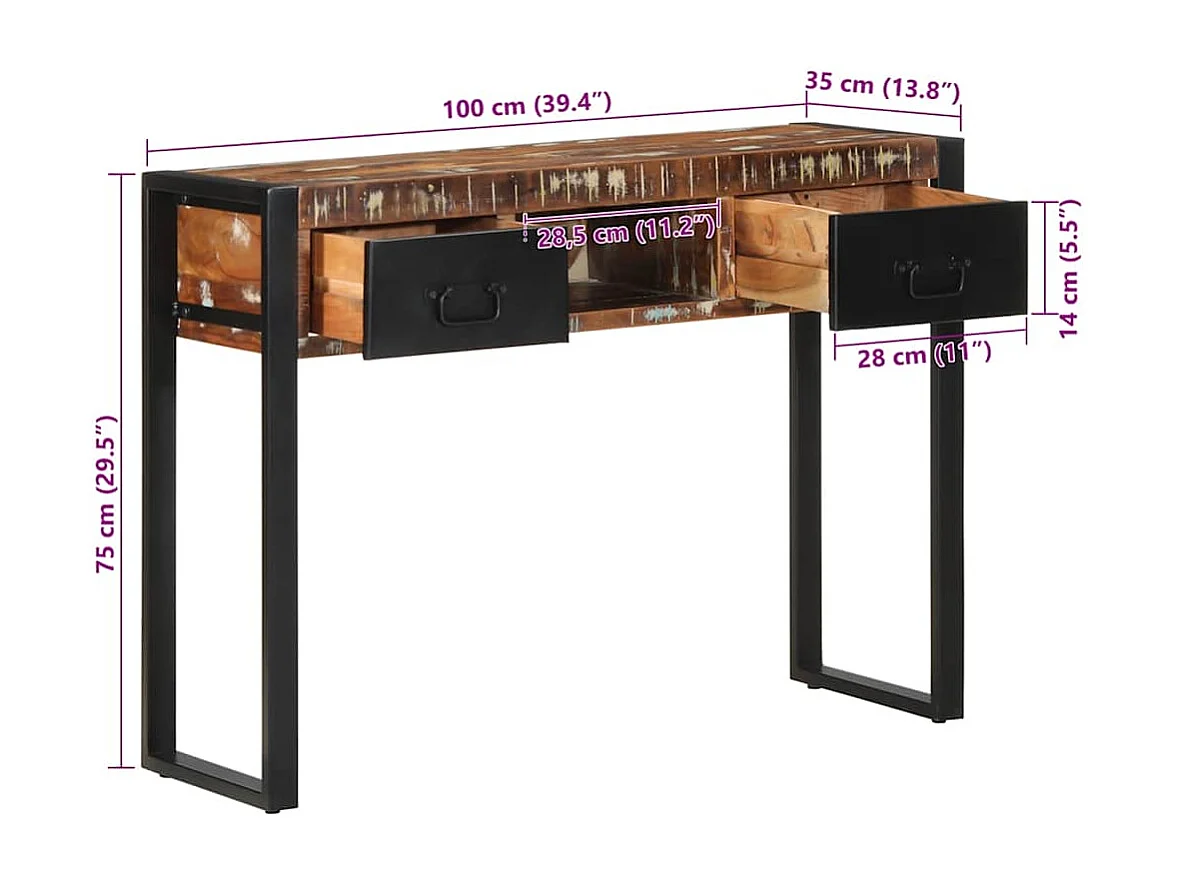 Table console multicolore 100x35x75 cm bois massif récupération