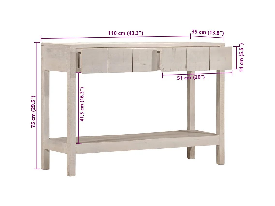 Mesa consola 110x35x75 cm madeira de mangueira maciça branco