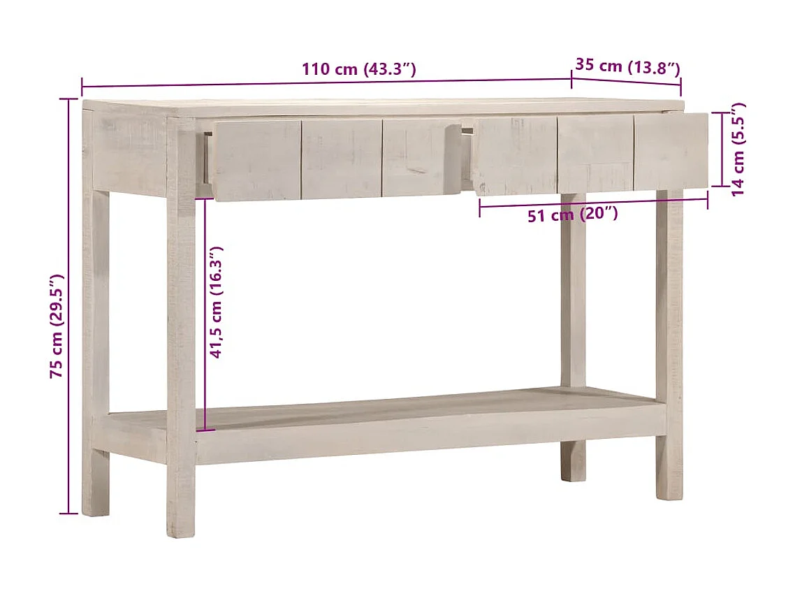 Mesa consola 110x35x75 cm madeira de mangueira maciça branco