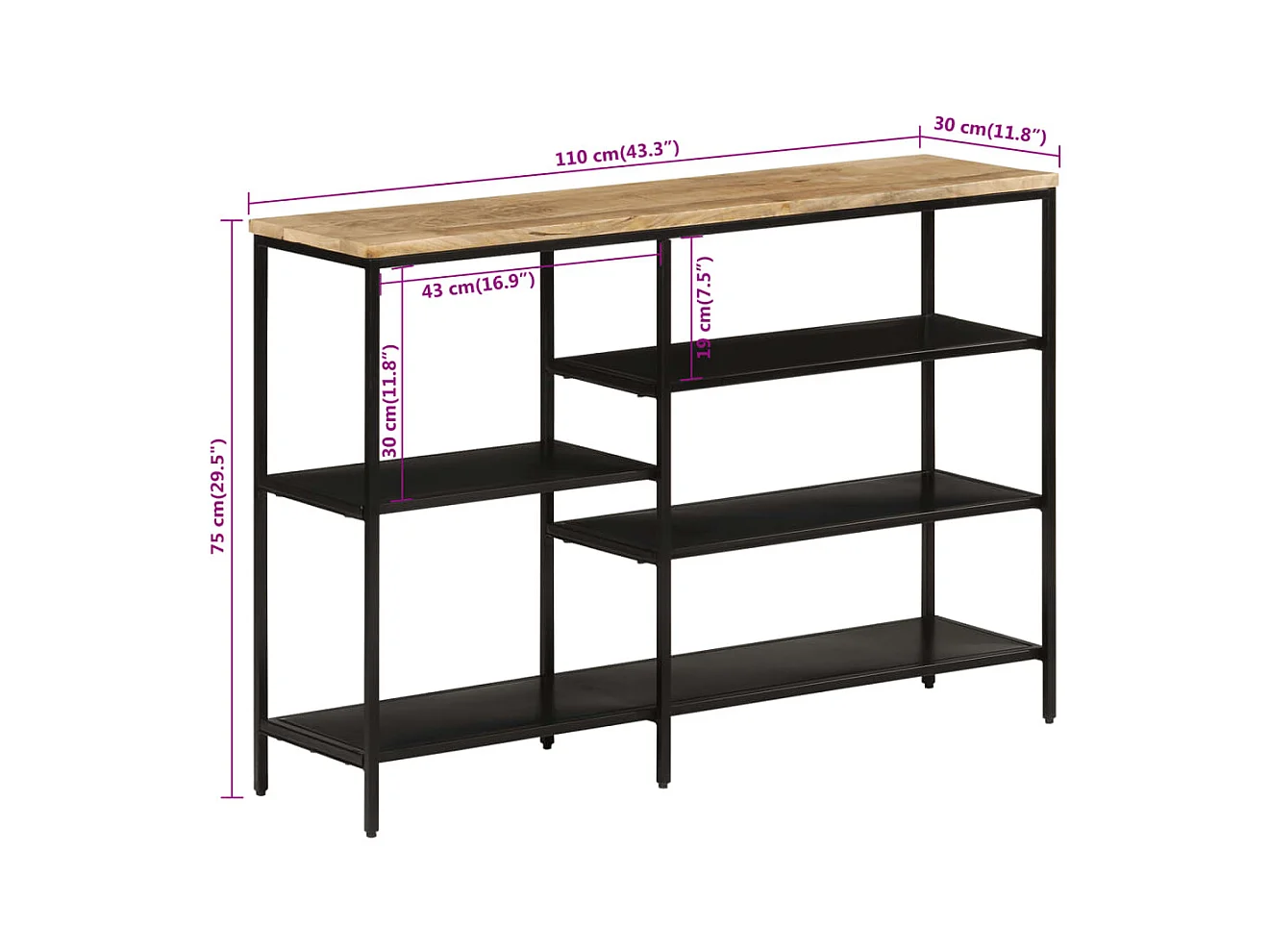 Mesa consola madera maciza mango rugosa y hierro 110x30x75 cm