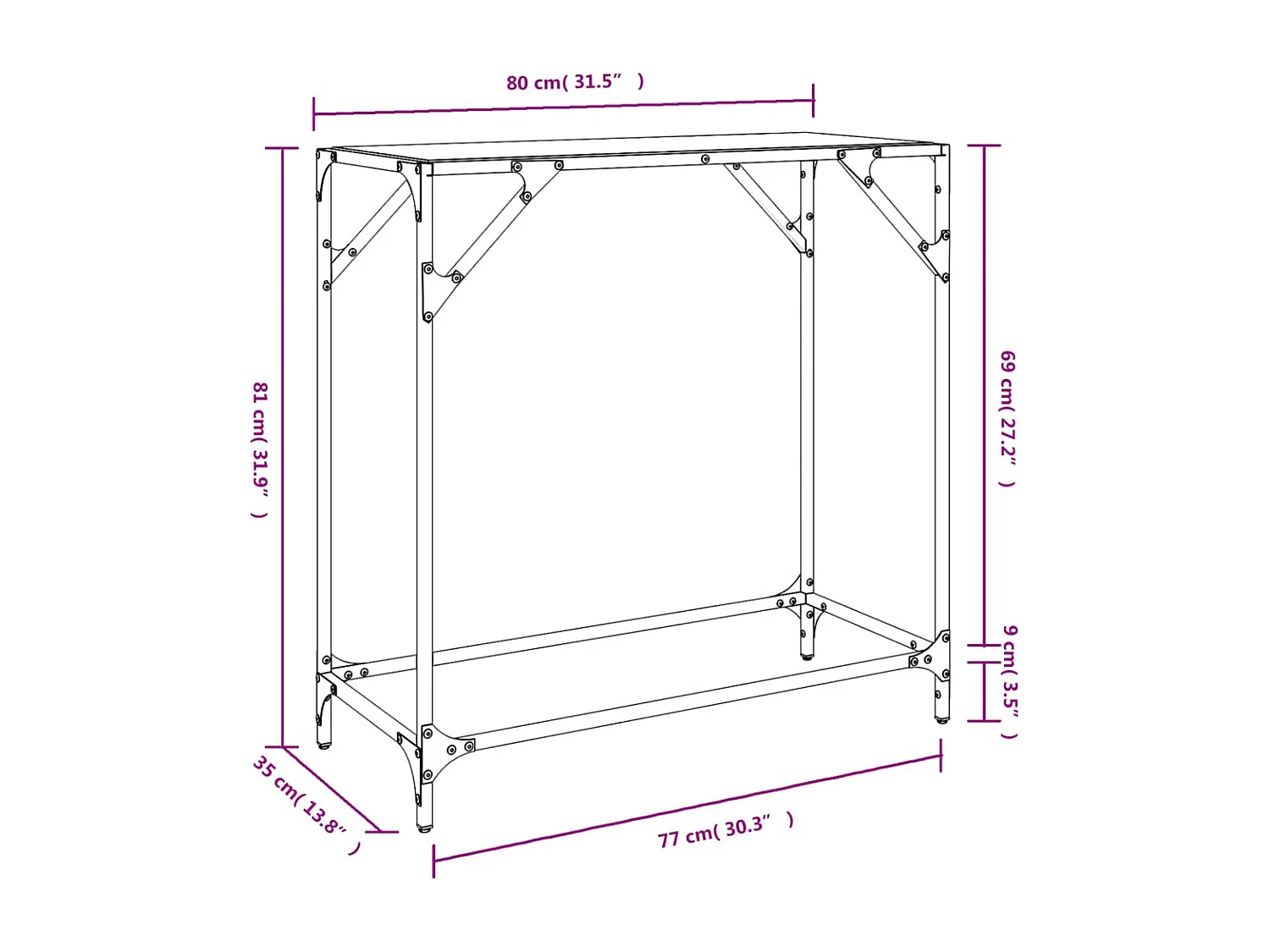 Table console avec dessus en verre noir 60x35x81 cm acier