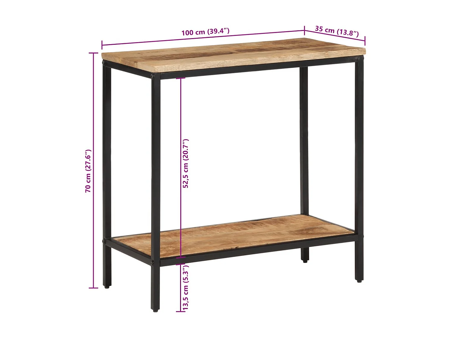 Mesa consola madera maciza de mango rugosa 100x35x70 cm