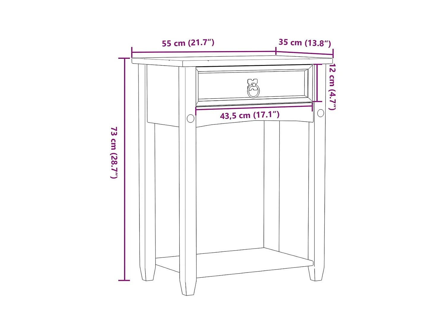 Mesa consola Corona madera maciza de pino 55x35x73 cm