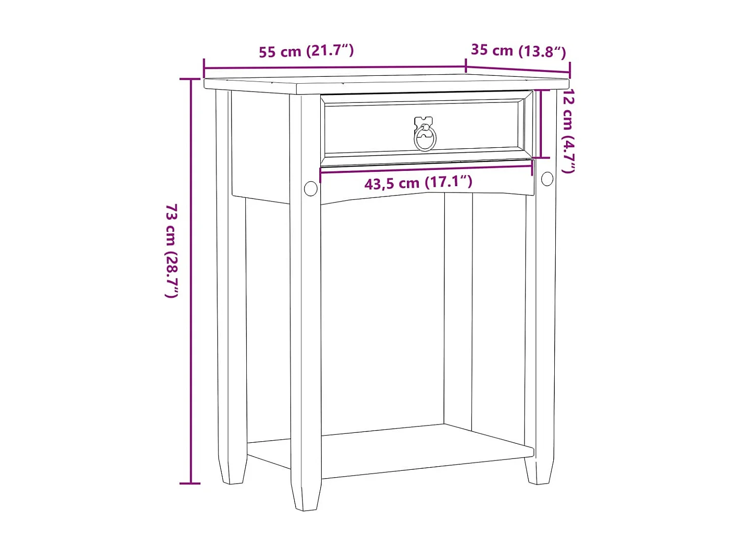 Table console Corona 55x35x73 cm bois de pin massif