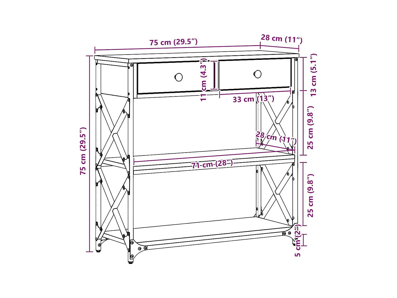 Console Tafel met lade artisanaal eikenkleurig 75 x 28 x 75 cm