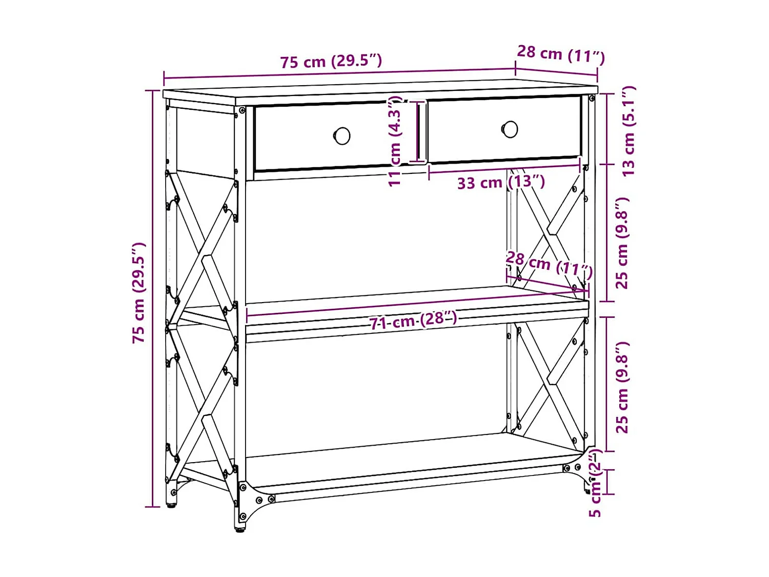 Table Console avec tiroir chêne artisanal 75 x 28 x 75 cm