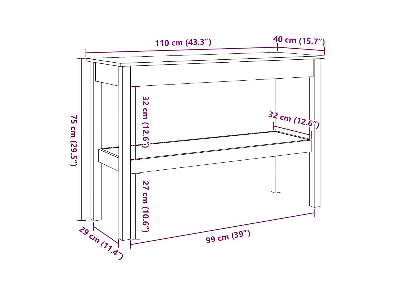 Table console Marron cire 110 x 40 x 75 cm Bois massif en pin