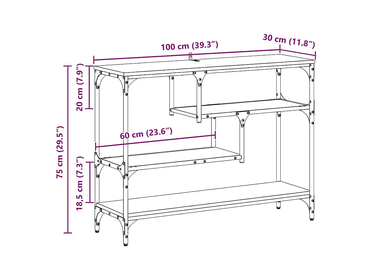 Mesa Consola con estante Roble artisan 100 x 30 x 75 cm