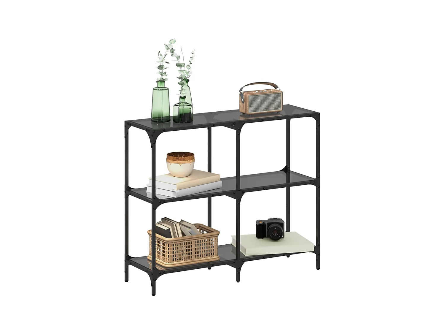 Mesa consola con superficie de vidrio negro acero 98x30x81 cm