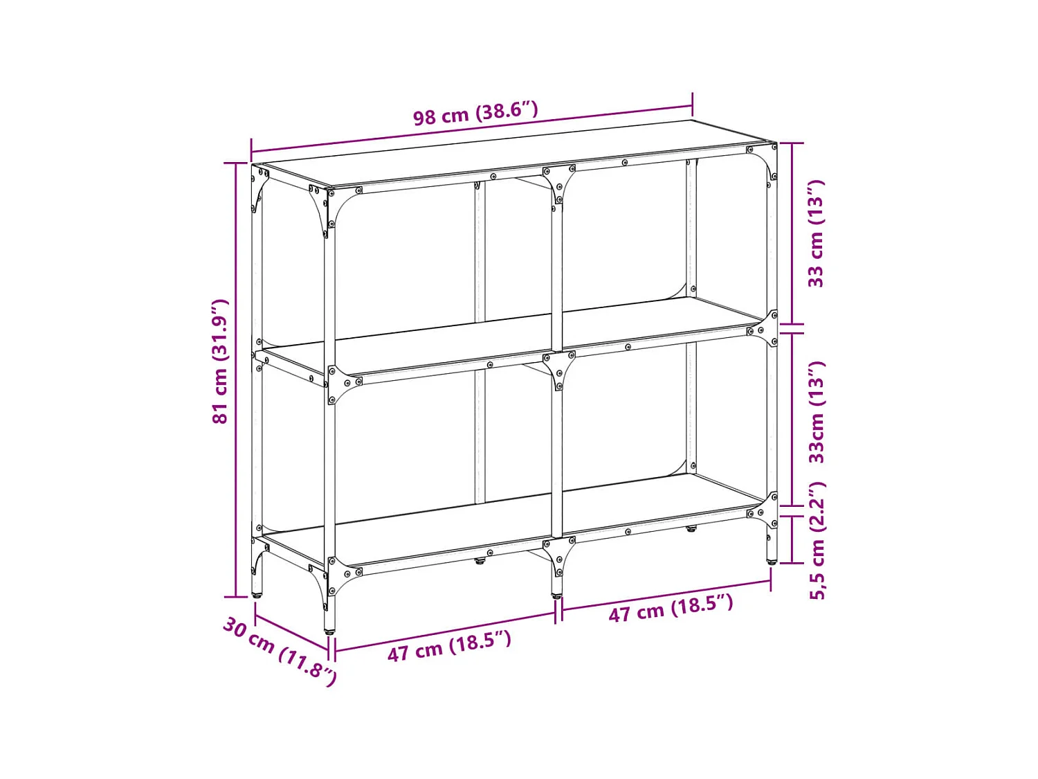 Mesa consola con superficie de vidrio negro acero 98x30x81 cm