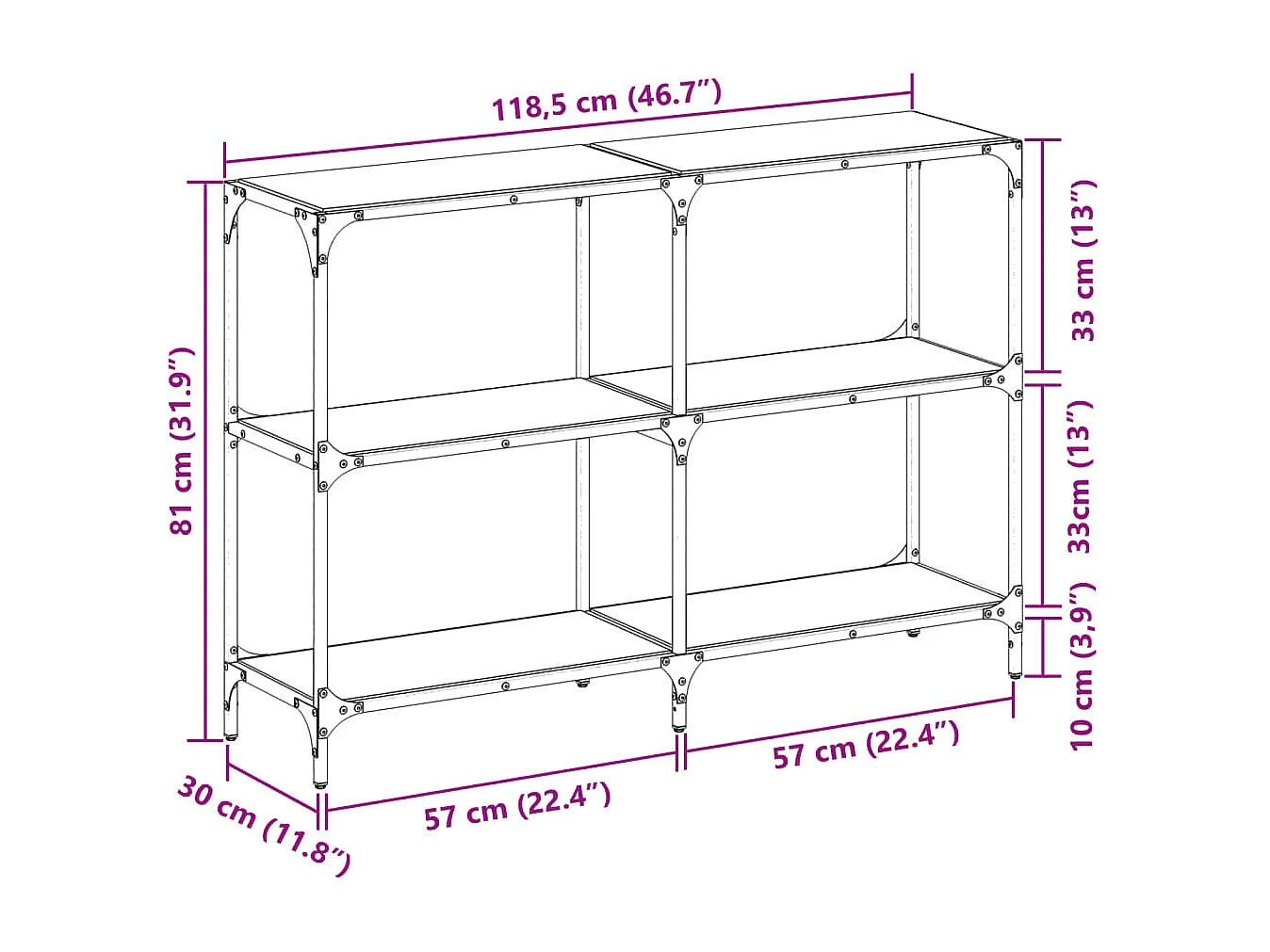 Mesa consola con superficie de vidrio negro acero 118,5x30x81cm