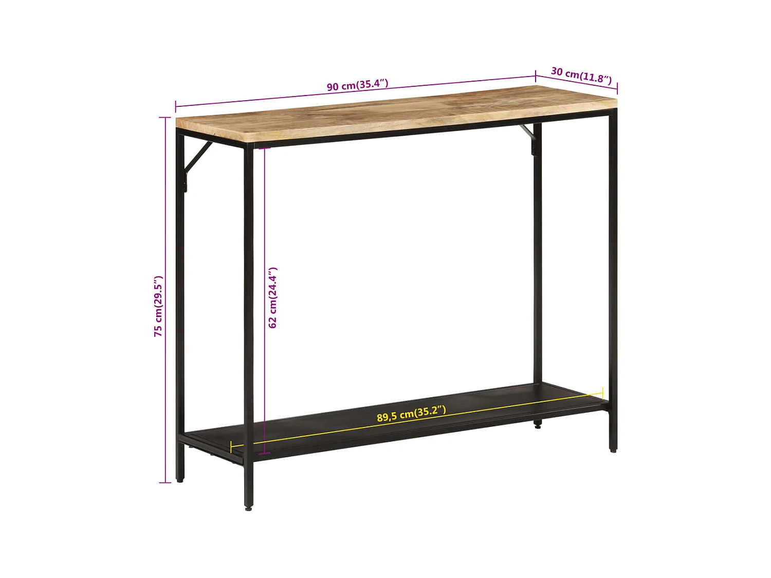 Mesa consola madera maciza mango rugosa y hierro 90x30x75 cm