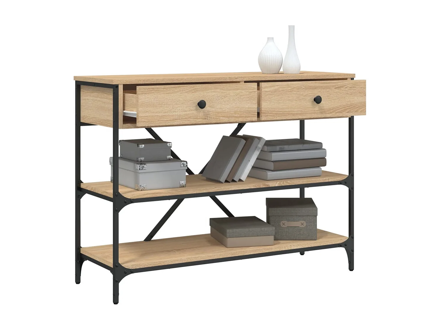 Mesa consola cajones estantes madera de ingeniería roble Sonoma