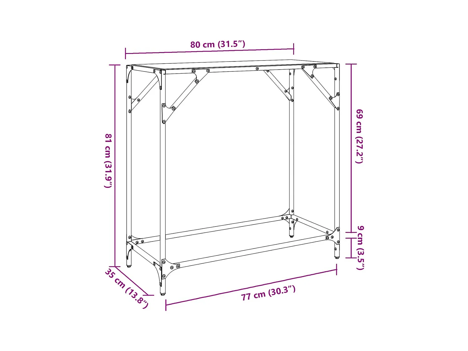 Table console avec dessus en verre transparent 80x35x81cm acier