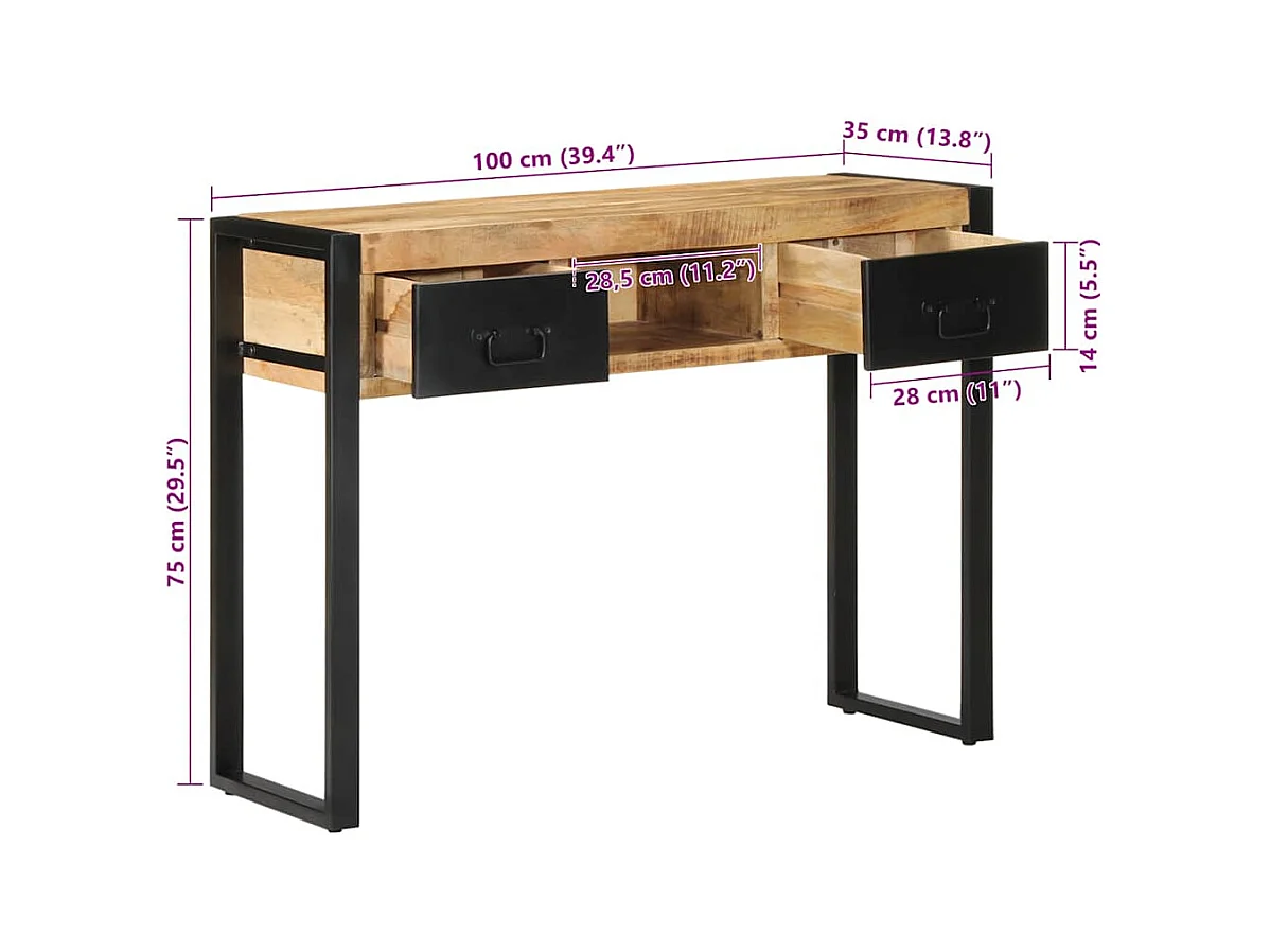 Mesa consola madera maciza mango 100x35x75 cm