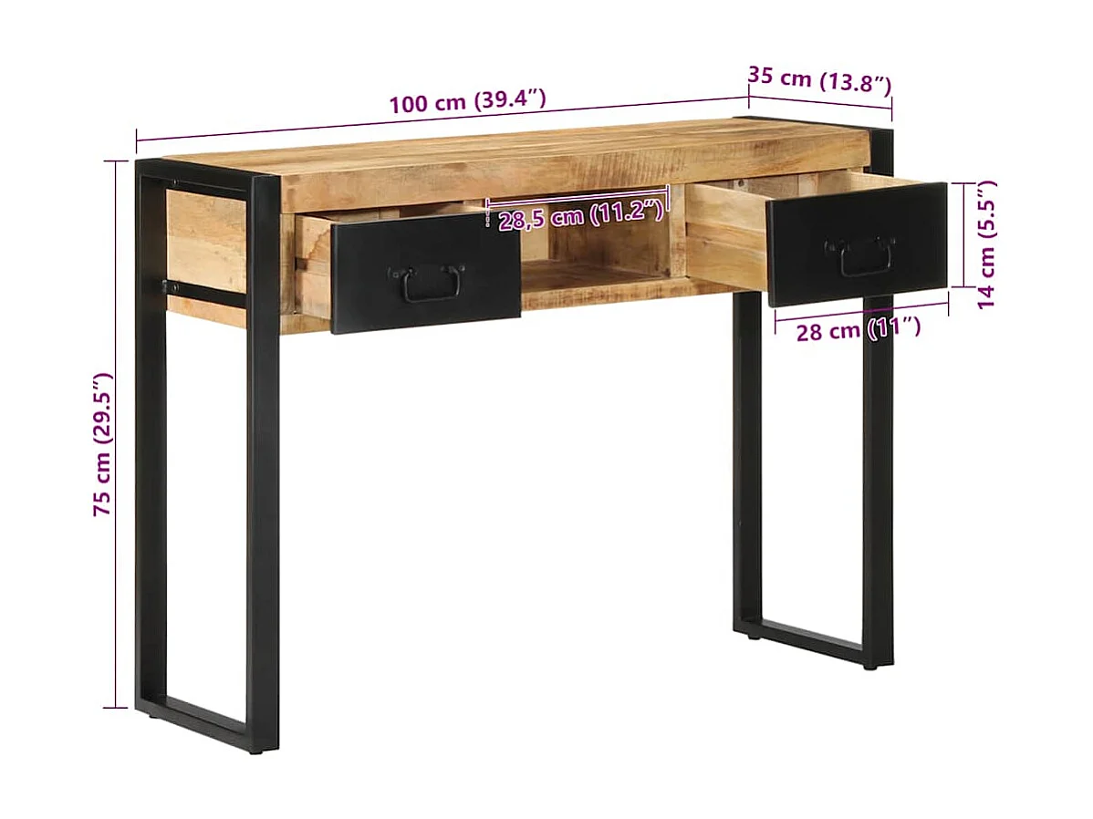 Table console 100x35x75 cm bois de manguier massif brut