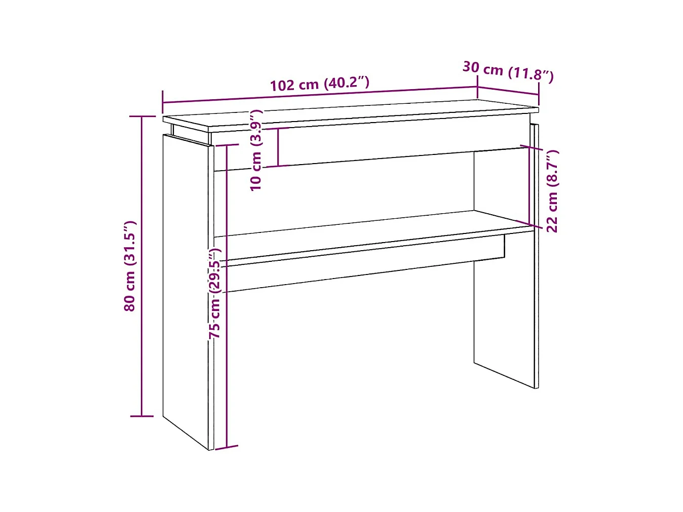 Table console chêne artisanal 102x30x80 cm bois d'ingénierie
