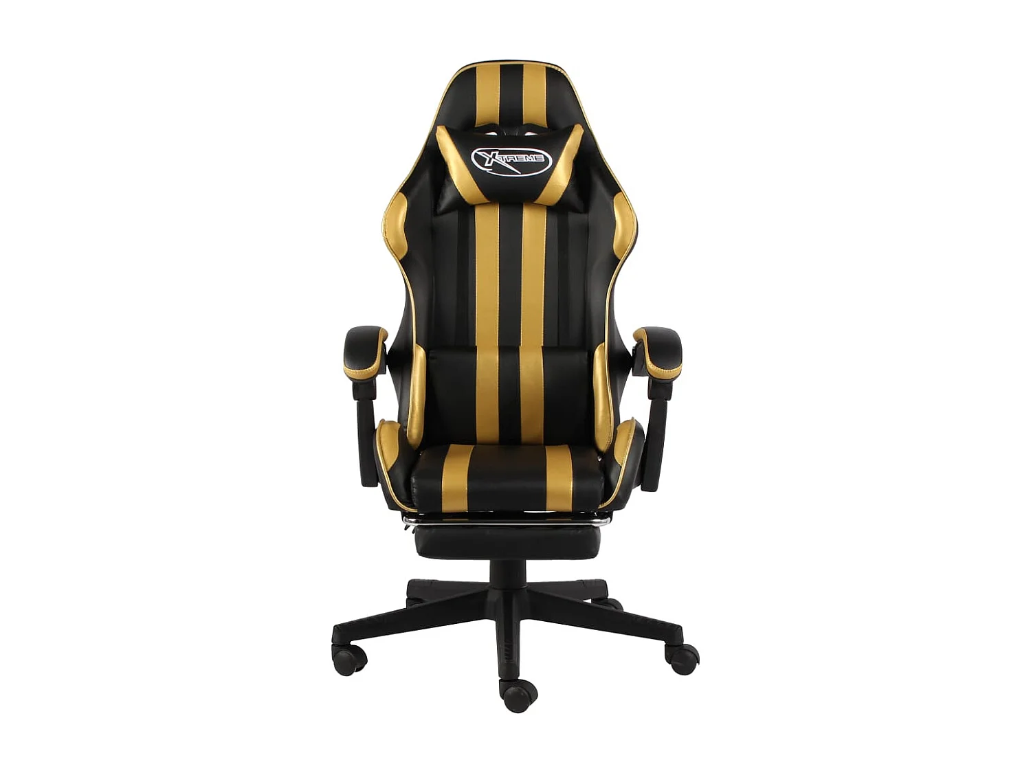 Cadeira estilo corrida com apoio pés couro artif. preto/dourado