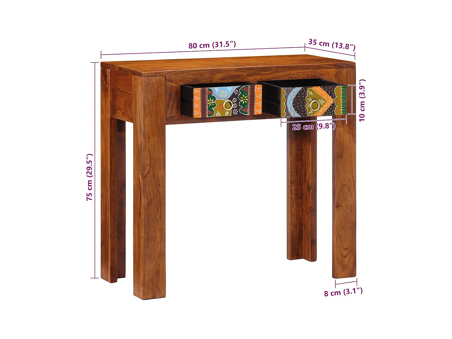 Mesa consola madera maciza de acacia 80x35x75 cm