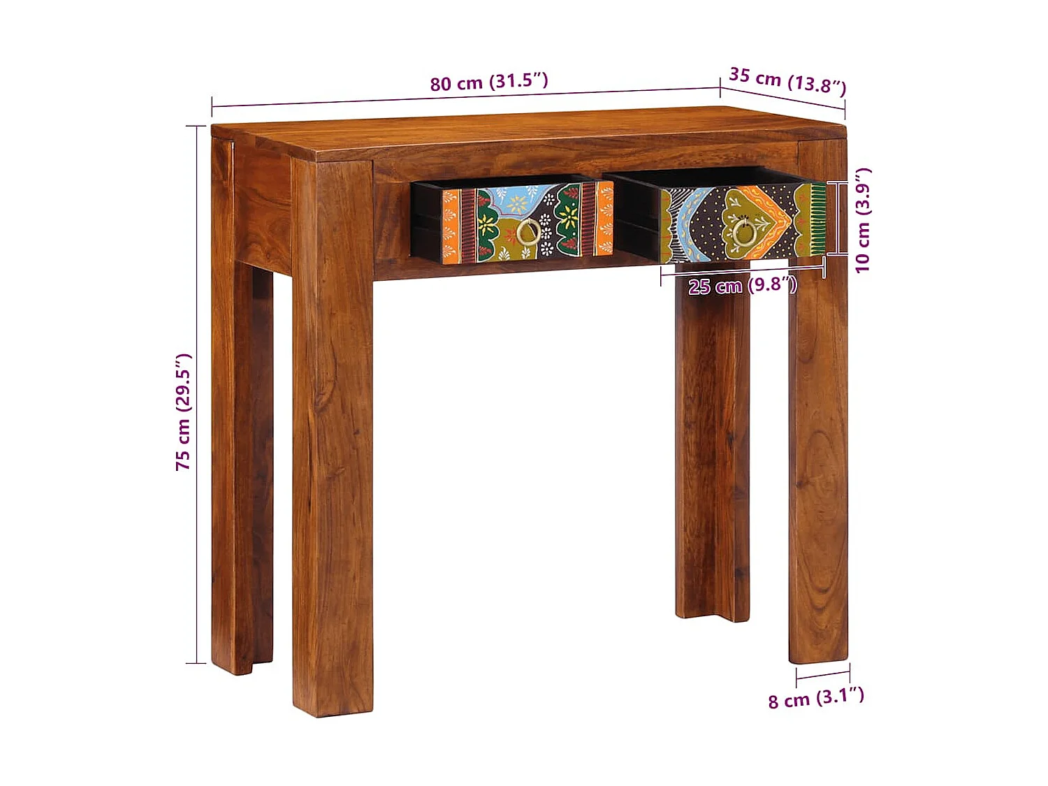 Table console 80x35x75 cm bois massif d'acacia