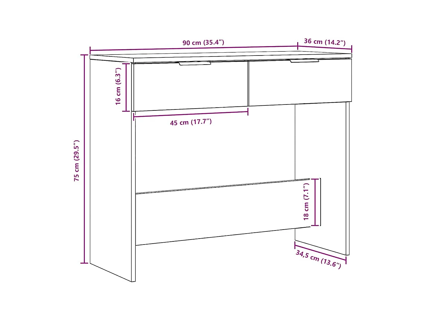 Mesa consola madera de ingeniería roble artesanal 90x36x75 cm