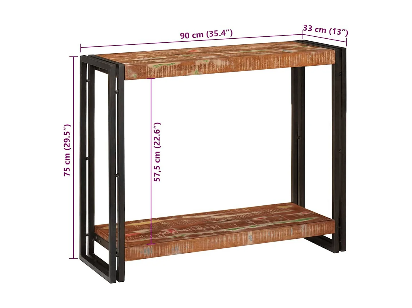 Table console 90 x 33 x 75 cm bois de récupération massif