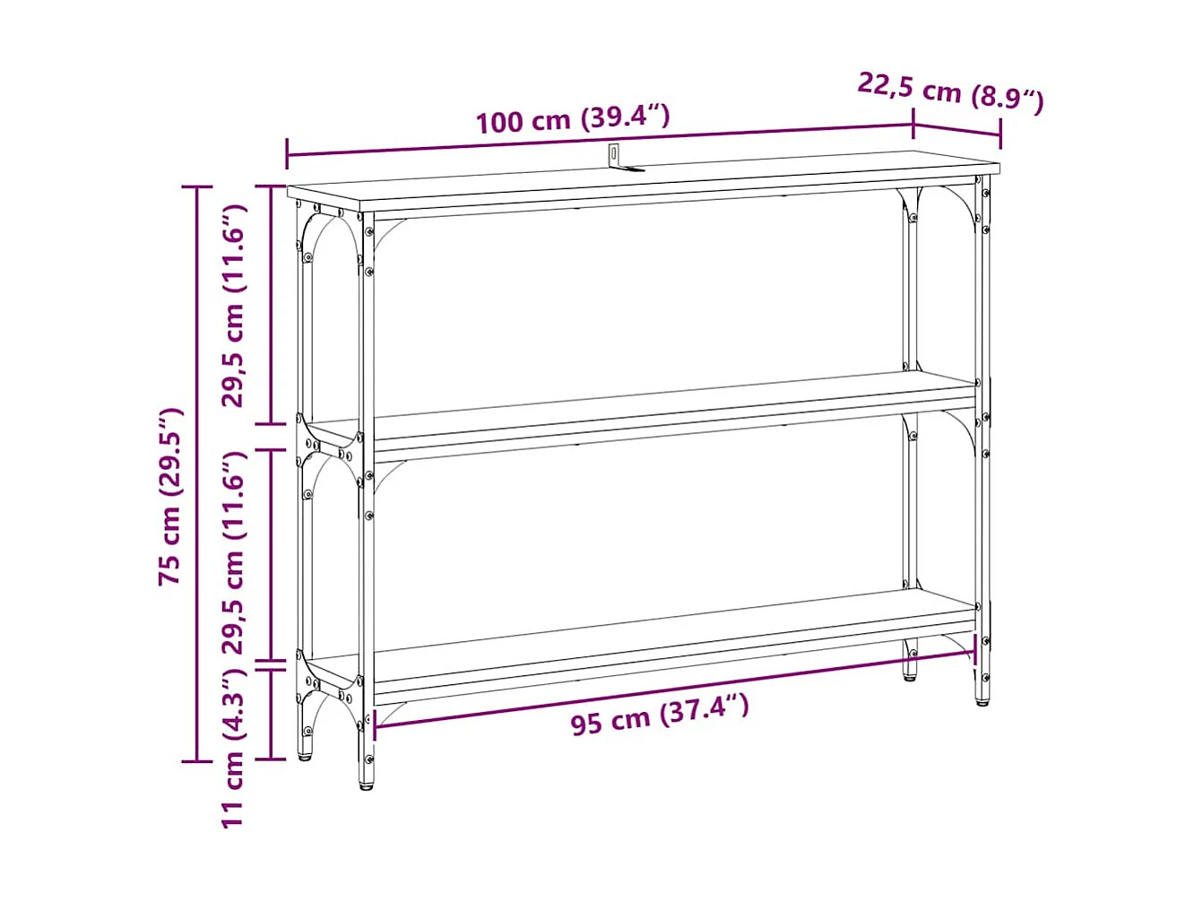 Table console avec étagère chêne artisanal 100 x 22.5 x 75 cm