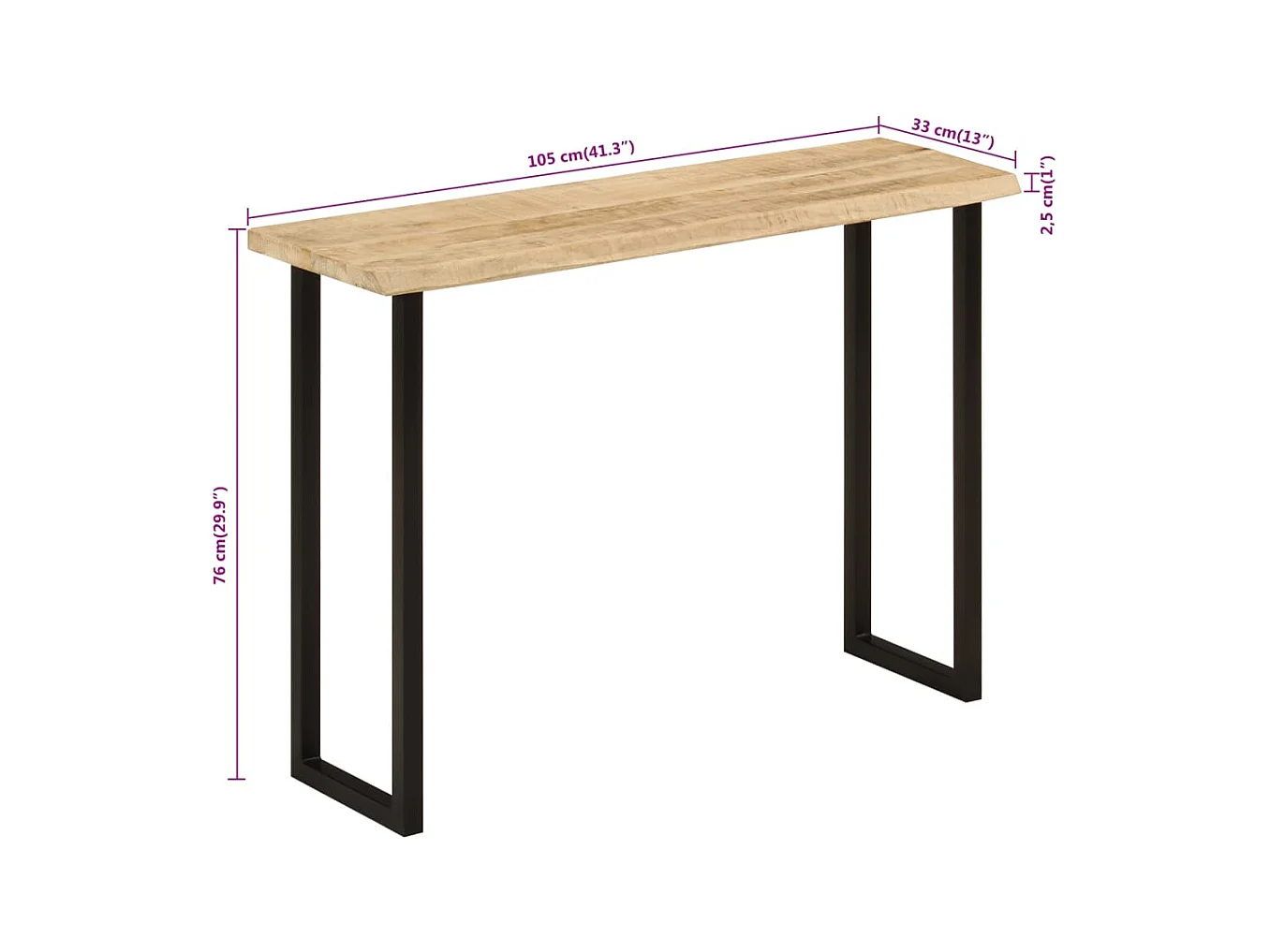 Mesa consola con borde natural madera mango maciza 105x33x76 cm