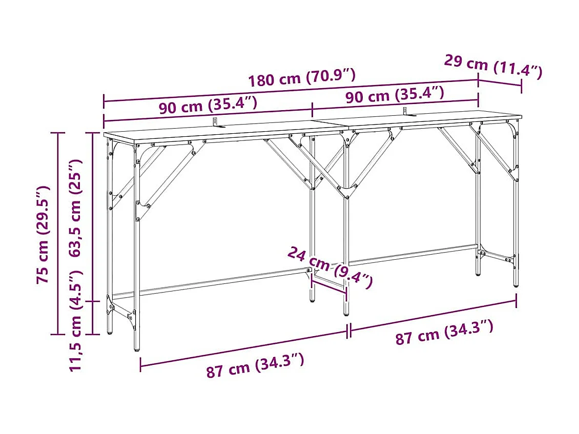 Table console Chêne noir 180 x 29 x 75 cm Bois d'ingénierie