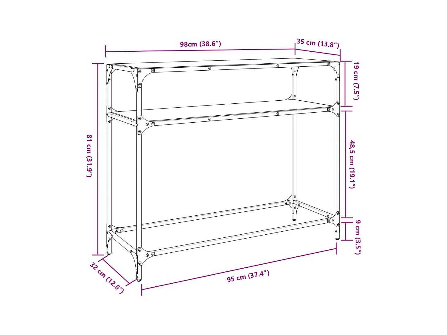 Table console avec dessus en verre transparent 98x35x81cm acier