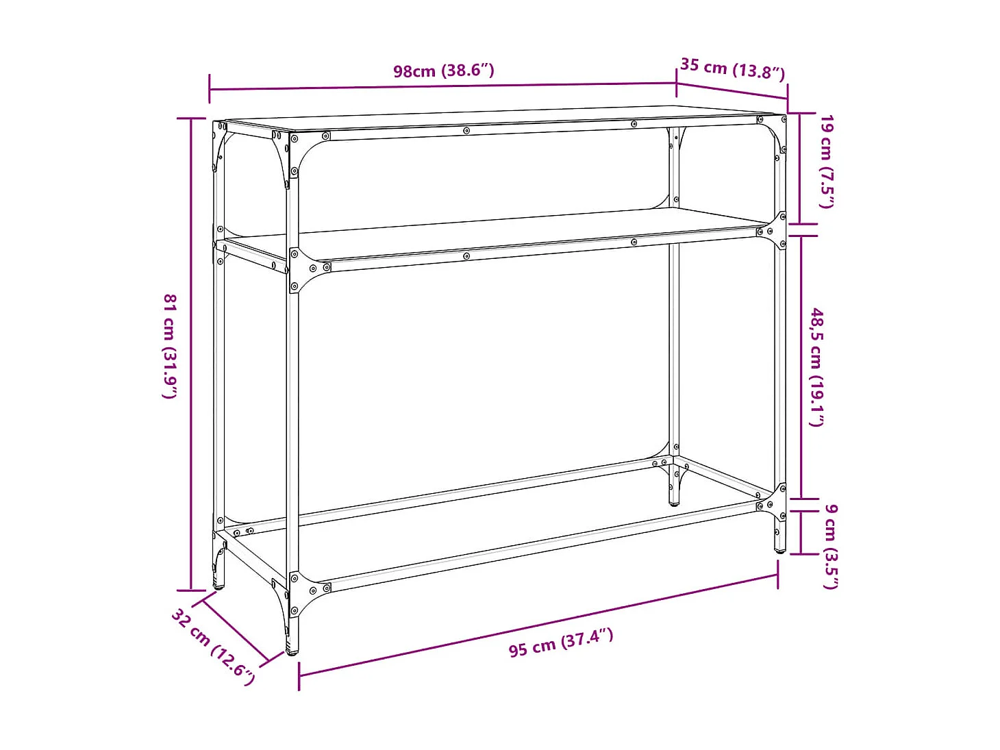 Table console avec dessus en verre transparent 98x35x81cm acier