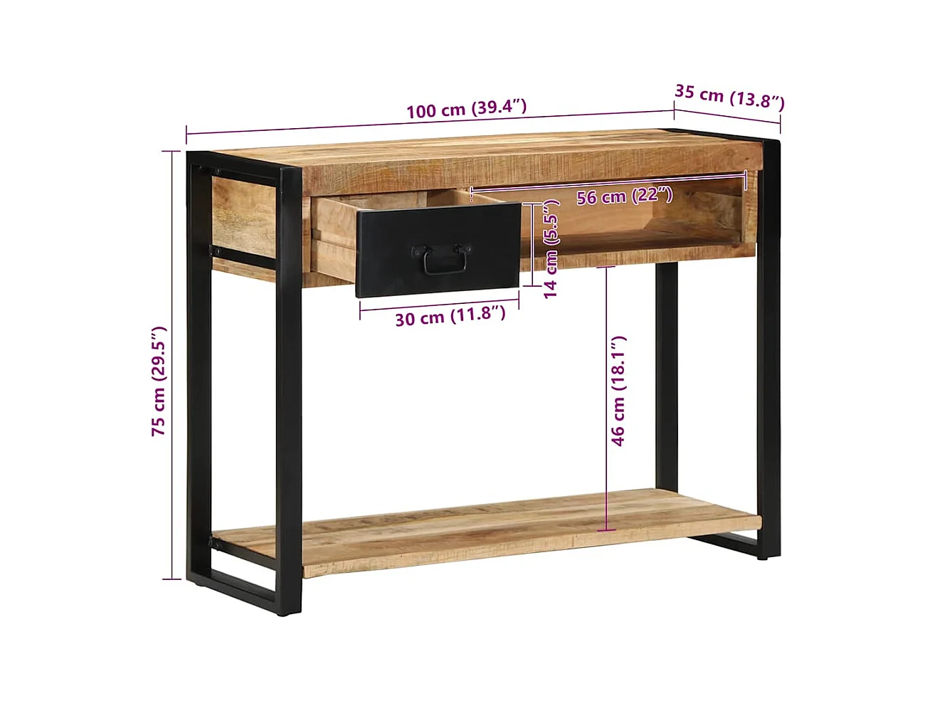 Mesa consola madera maciza mango 100x35x75 cm