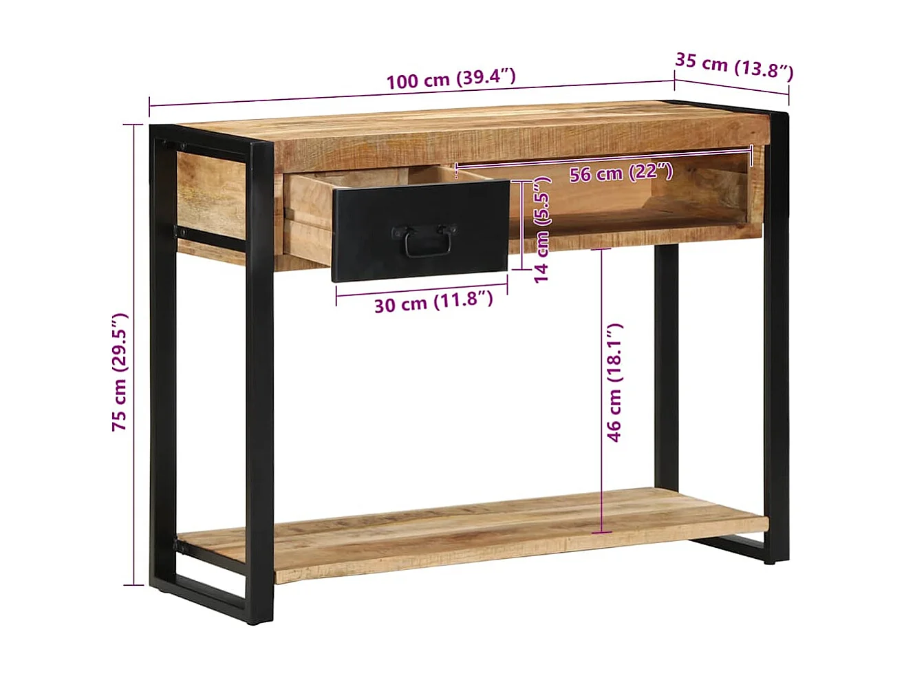 Table console 100x35x75 cm bois de manguier massif brut