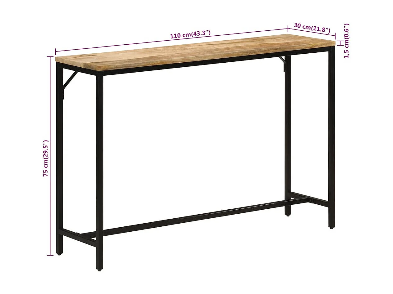 Table console 110x30x75 cm bois de manguier massif brut et fer