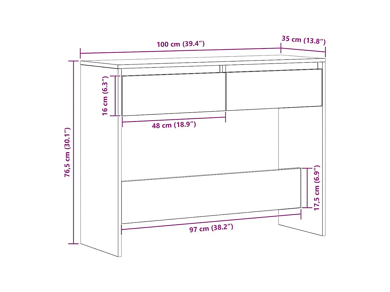 Mesa consola madera ingeniería roble artesanal 100x35x76,5 cm