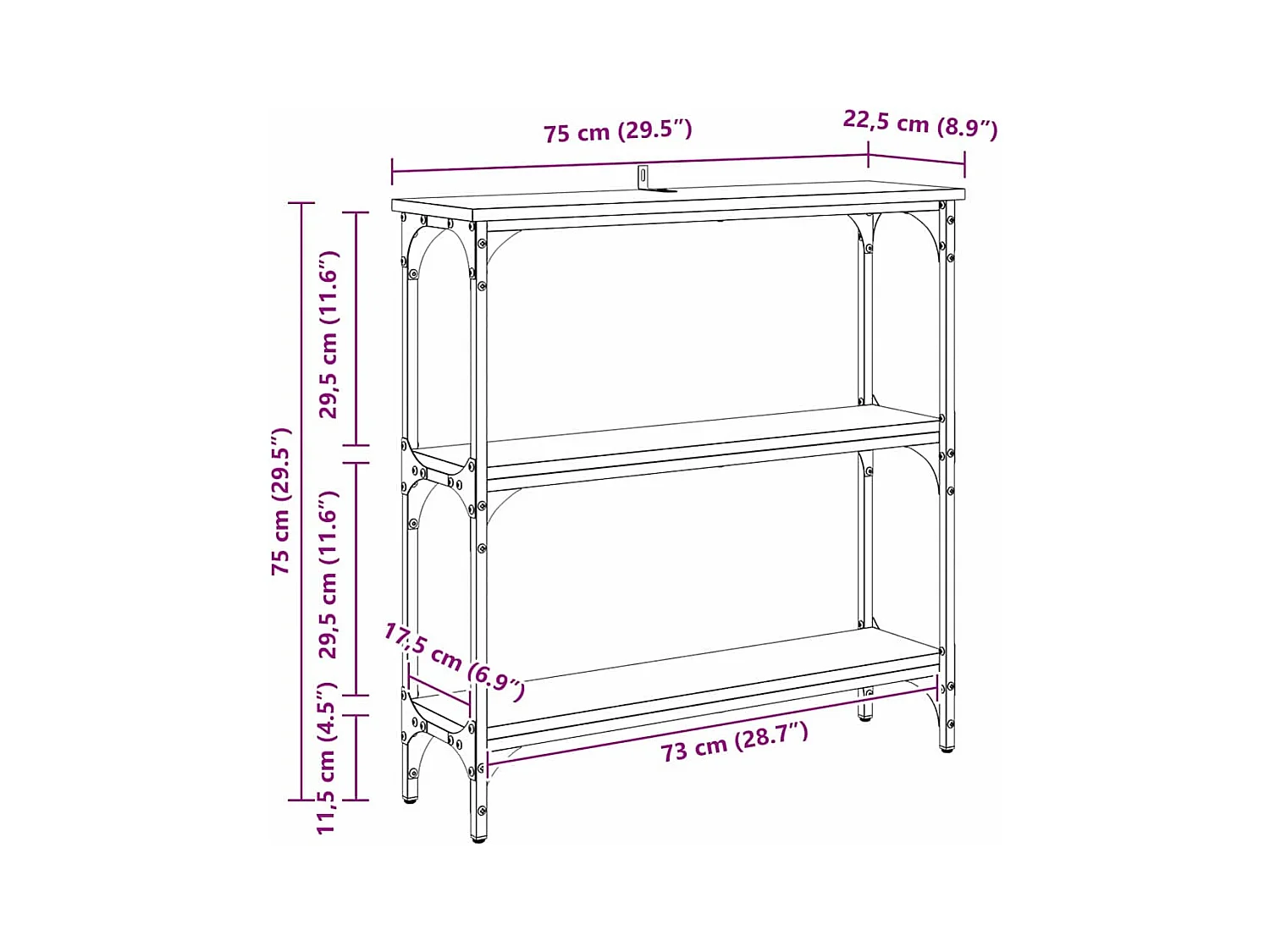 Table console avec étagère chêne artisanal 75 x 22.5 x 75 cm